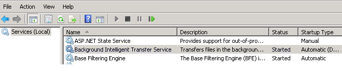Zrzut ekranu przedstawiający stan usługi inteligentnego transferu tła.